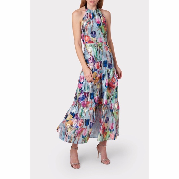 MILLY Hayden Metallic Tulip Halter Dress | Blue Multi | Size 4 - Picture 1 of 6